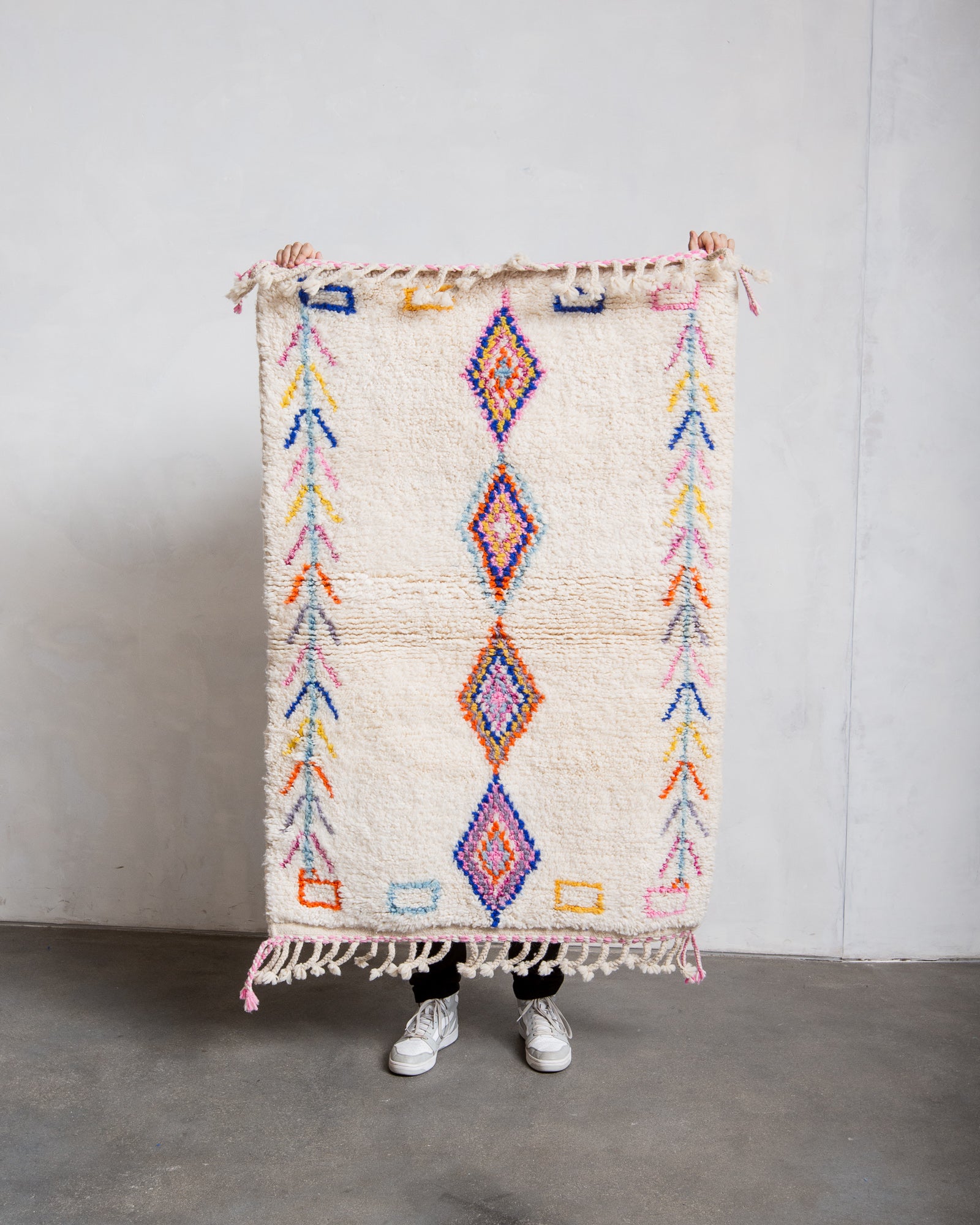 Modern, designer, handcrafted Berber rug from Morocco. Beniourain carpet with beautiful colours and patterns and fluffy wool texture.